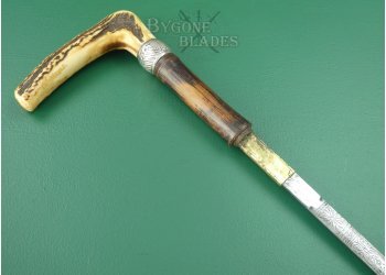 19th Century Antler Handle Sword Cane. Etched Double-Edged Blade #11