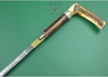 19th Century Antler Handle Sword Cane. Etched Double-Edged Blade #12