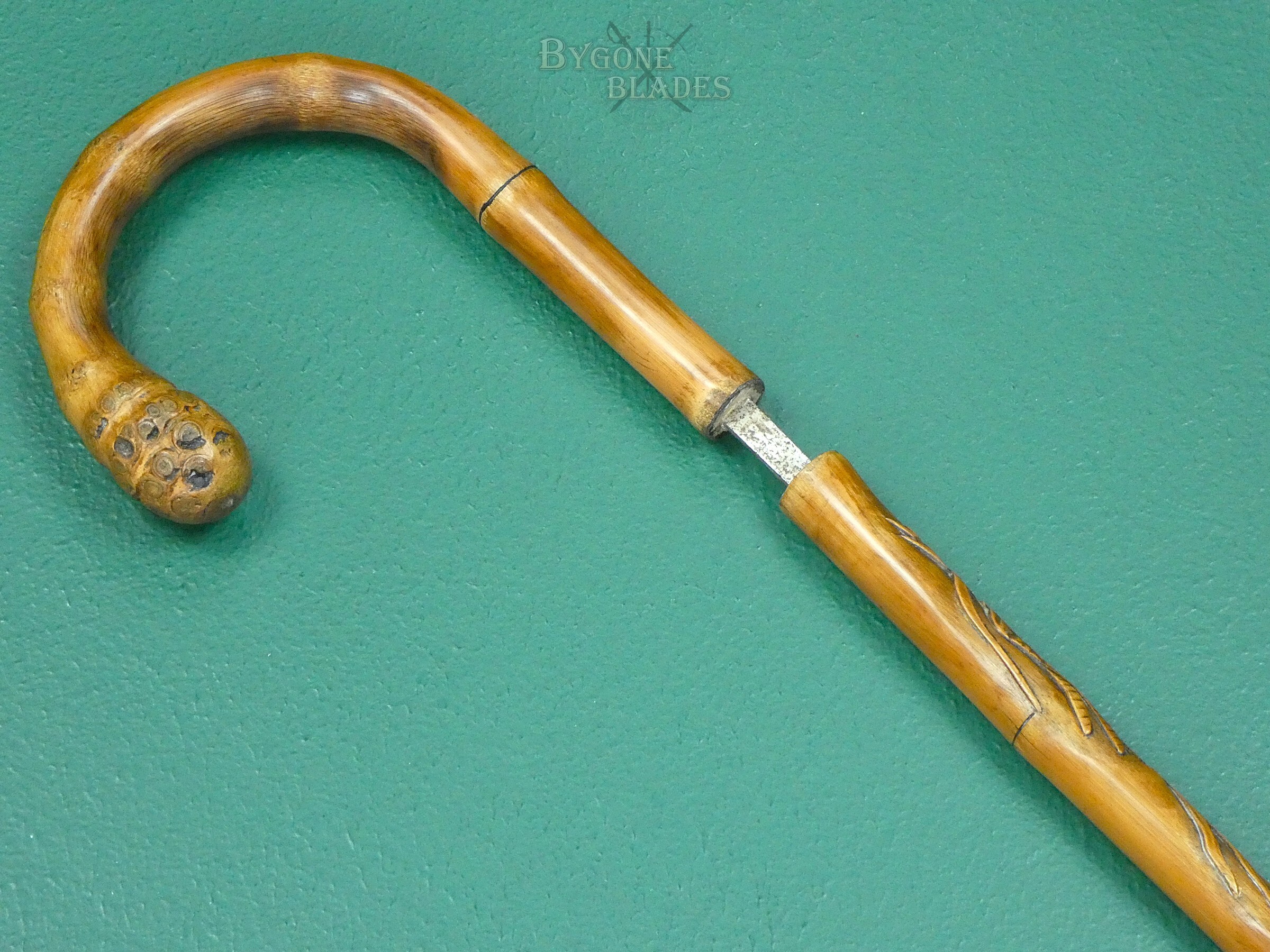 19th Century Carved Bamboo Sword Cane. Maker Signed. #2607011 #5