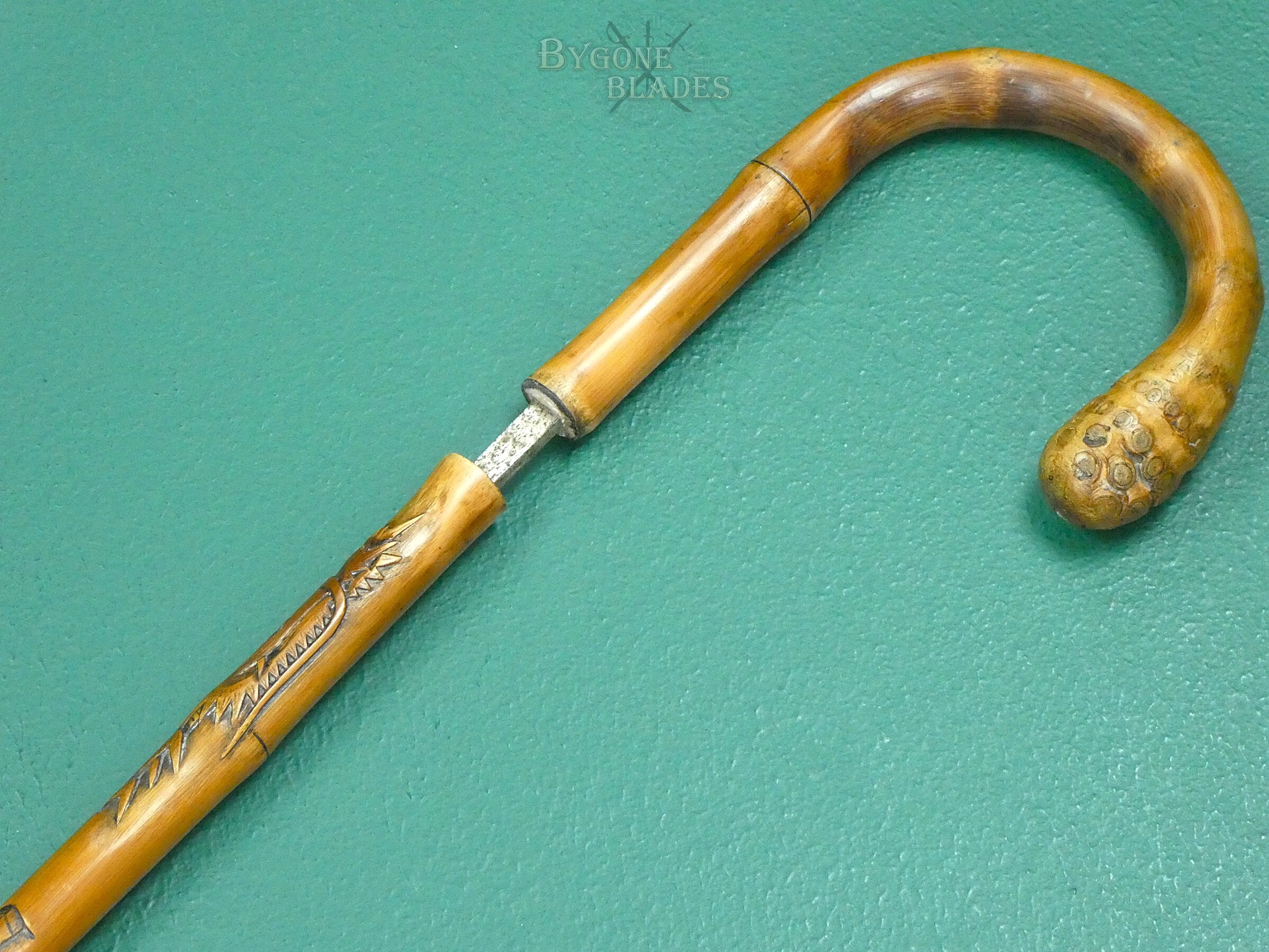 19th Century Carved Bamboo Sword Cane. Maker Signed. #2607011 #6