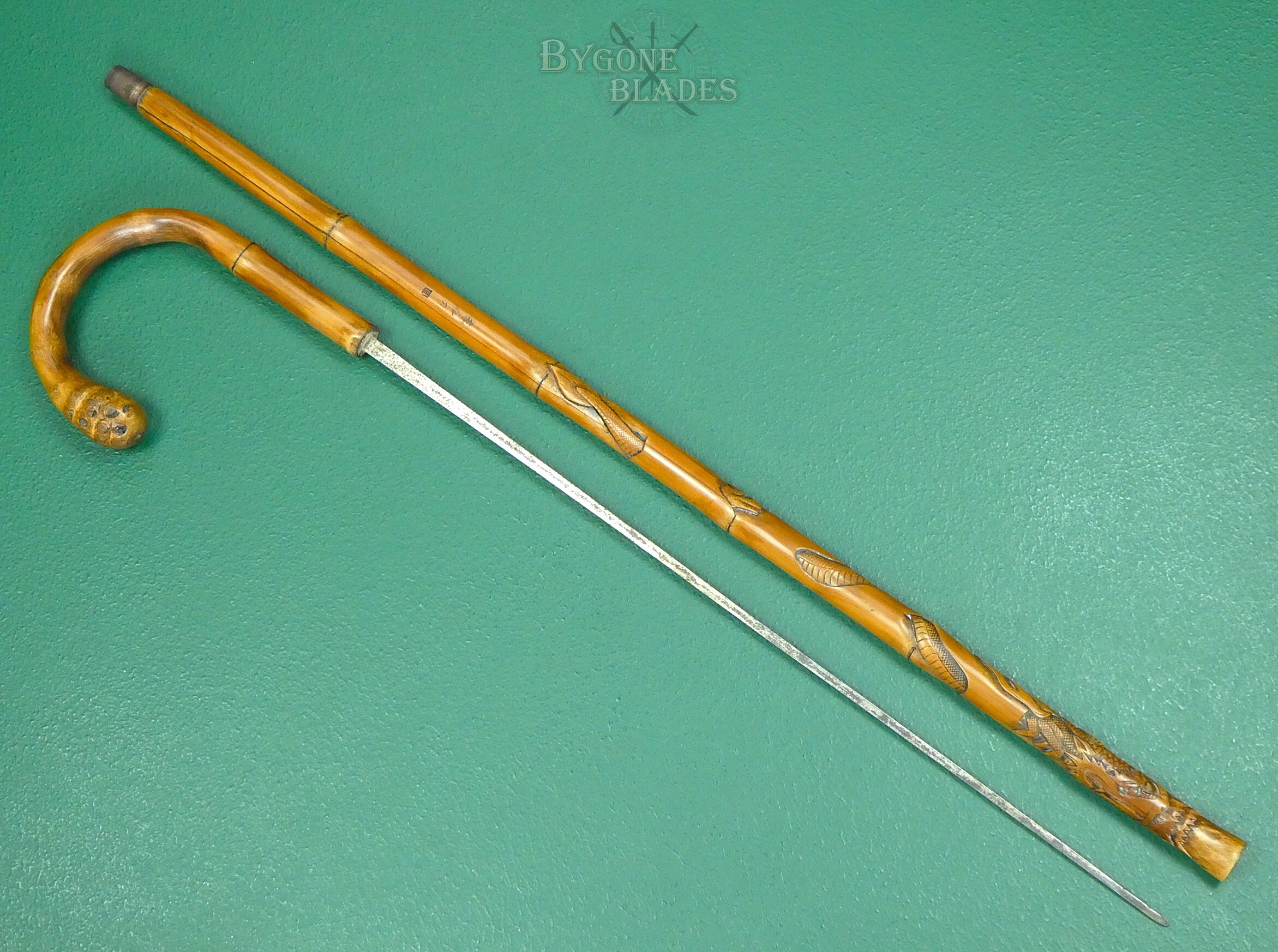 19th Century Carved Bamboo Sword Cane. Maker Signed. #2607011 #7